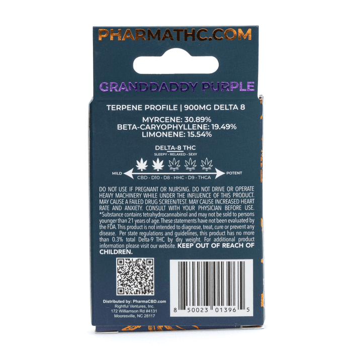 PharmaCBD Delta 8 THC Vape Cartridge - Granddaddy Purple - box back