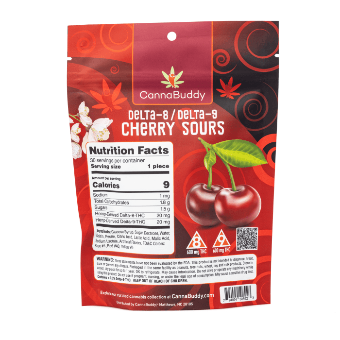 CannaBuddy Delta 8 / Delta 9 Cherry Sours (600 mg Total Delta 8 THC + 600 mg Total Delta 9 THC) - Image 3