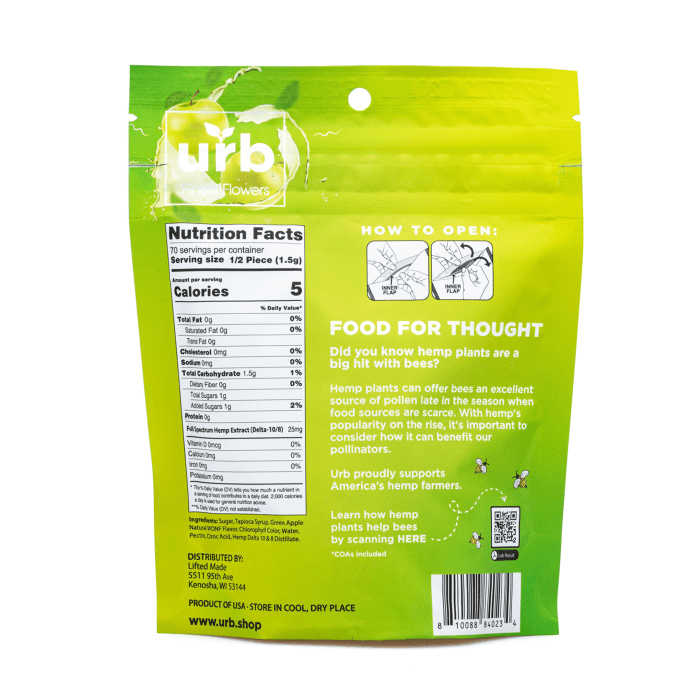 Urb Delta 8 Delta 10 Gummies - Green Apple (1575 mg Total Delta 8 THC + 175 mg Total Delta 10 THC) - Bag Back