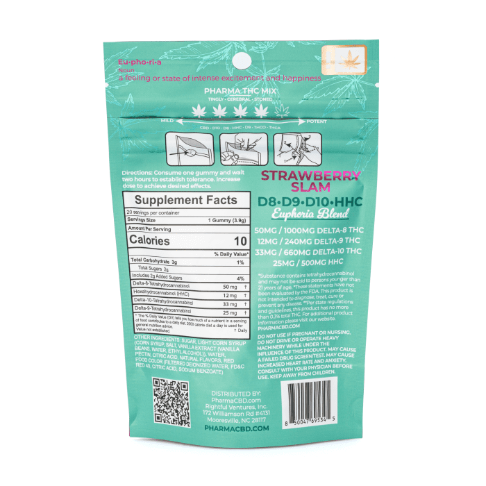 Pharma Euphoria Blend 120mg Gummies - Strawberry Slam - Bag Back