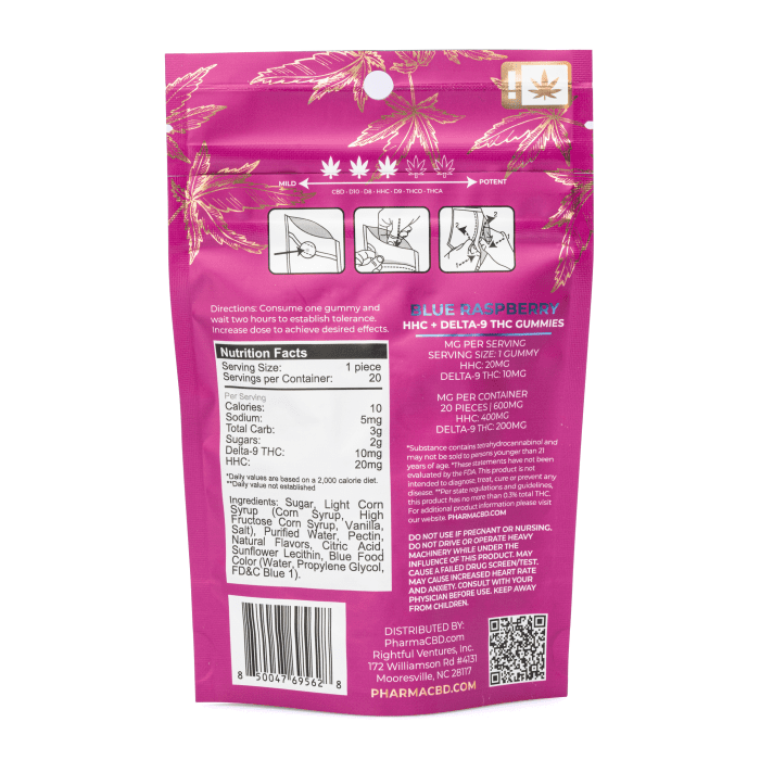 PharmaTHC HHC / Delta 9 THC Gummies - Blue Raspberry (400 mg Total HHC + 200 mg Total Delta 9 THC) - Image 2