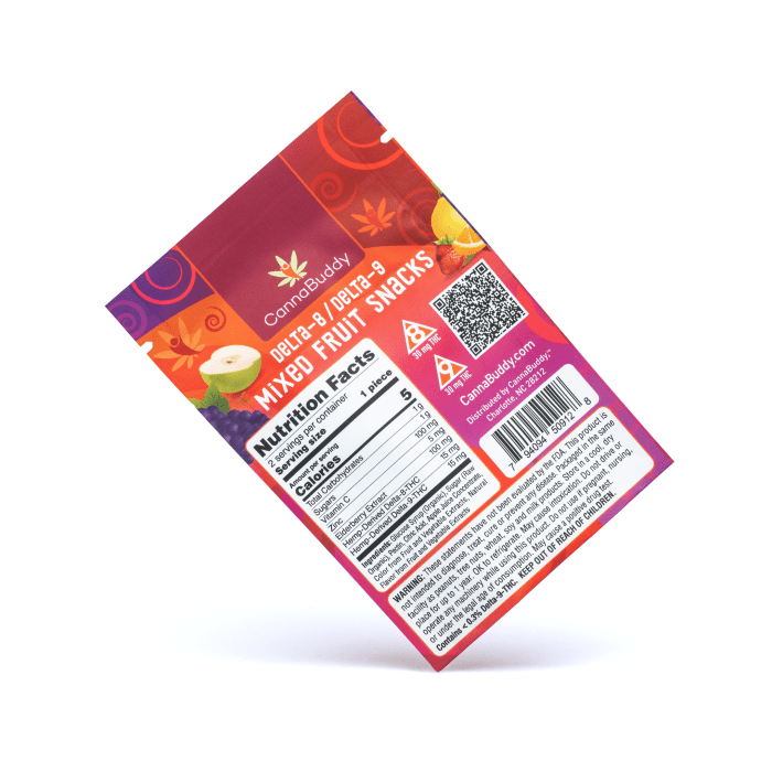 CannaBuddy Delta 8 / Delta 9 Mixed Fruit Snacks (30 mg Delta 8 THC + 30 mg Delta 9 THC Total) - Image 3