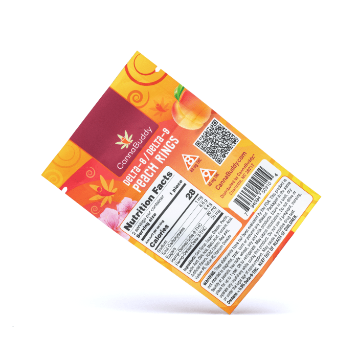 CannaBuddy Delta-8 Delta-9 Peach Rings (40 mg Delta-8-THC + 40 mg Delta-9-THC Total) - Bag Back