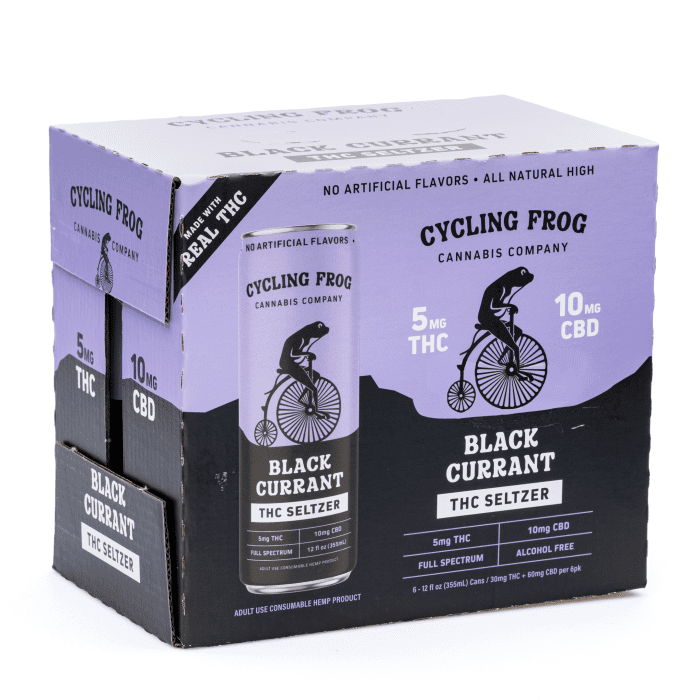 Cycling Frog THC + CBD Seltzer 6 Pack – Black Currant (30 mg Delta 9 THC + 60 mg CBD Total) - box front