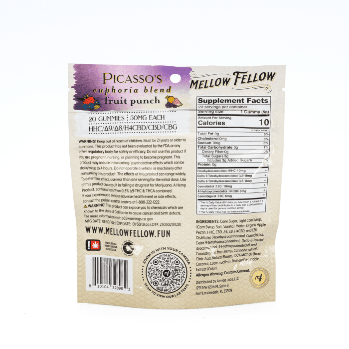 Mellow Fellow Picasso's Euphoria Blend M-Fusion Gummies - Fruit Punch (1000 mg Total Cannabinoids) - Bag Back