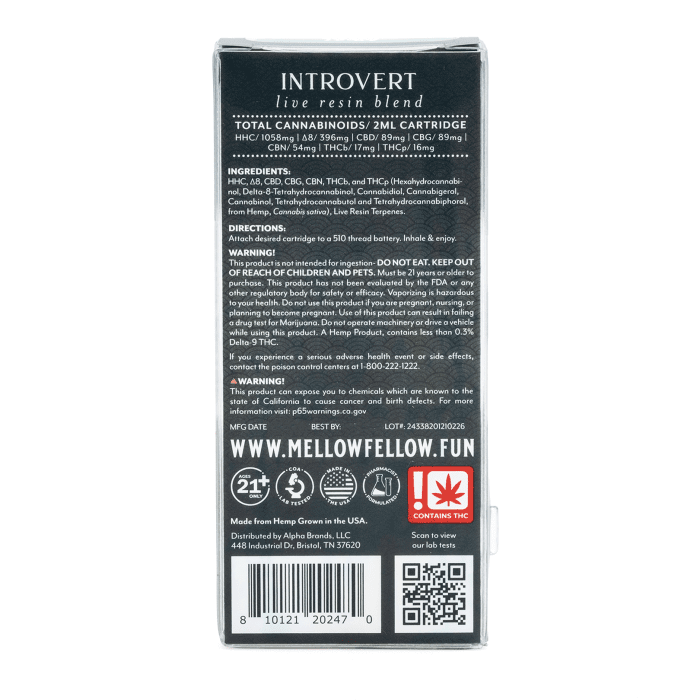 Mellow Fellow Introvert Blend Live Resin Vape Cartridge - AK47 - Box Back