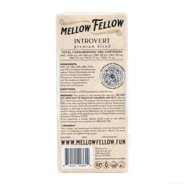Mellow Fellow Introvert Blend Vape Cartridge - God's Gift - Box Back