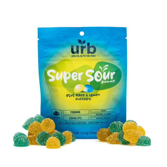 Urb Delta-8 Delta-9 Delta-10-THC Super Sour Gummies - Blue Razz and Lemon (750 mg Total cannabinoids) - Combo