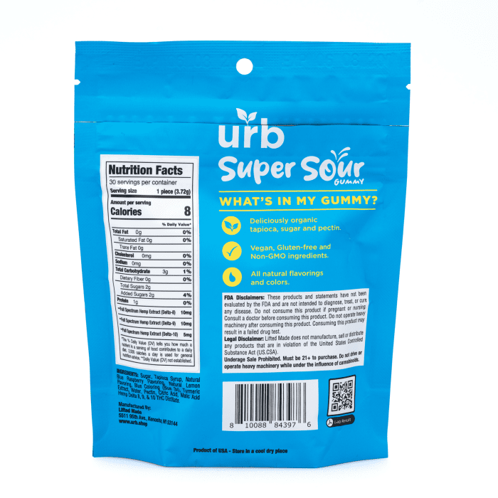 Urb Delta 8 Delta 9 Delta 10 THC Super Sour Gummies - Blue Razz and Lemon - back
