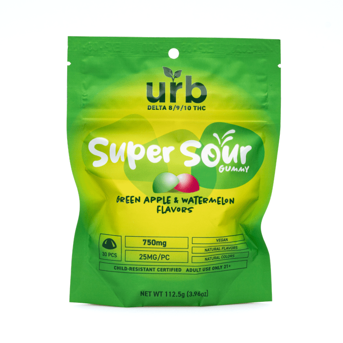 Urb Delta-8 Delta-9 Delta-10-THC Super Sour Gummies - Green Apple and Watermelon - Bag Front
