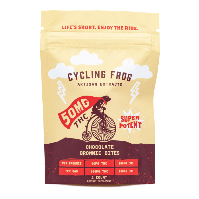 Cycling Frog THC + CBD Chocolate Brownie Bites - 2 ct (100 mg Delta 9 THC + 200 mg CBD Tot - Bag Front