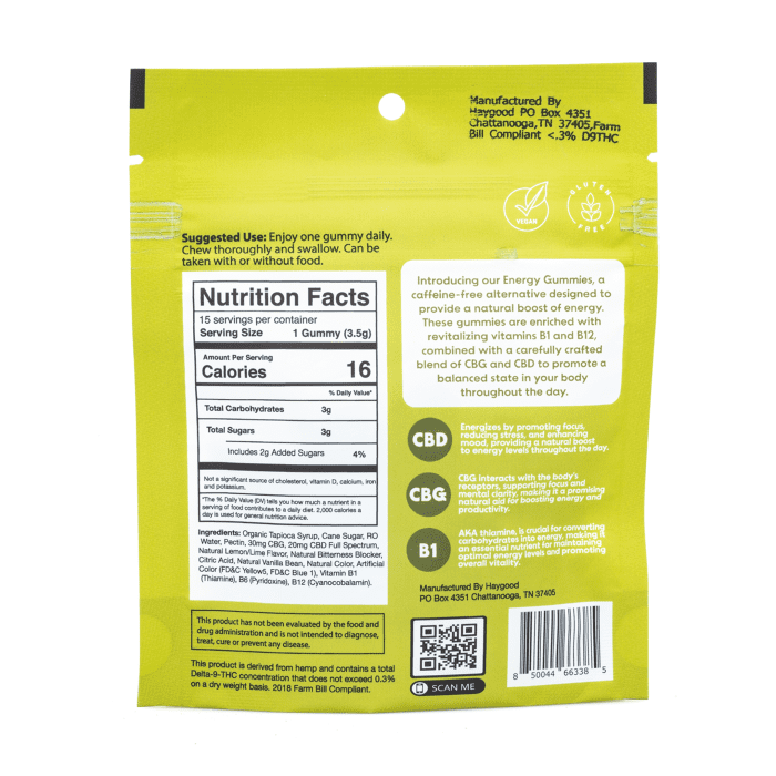 Haygood CBG Energy Gummies - Bag Back