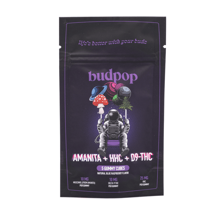 Budpop Amanita Muscaria Mushroom + HHC + Delta 9 Gummies (5 Count) - Bag Front