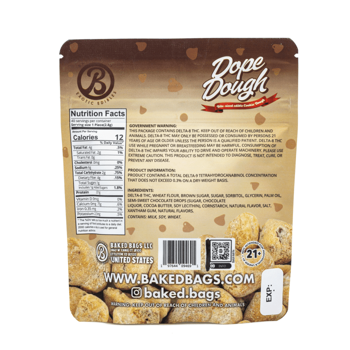 Baked Bags Delta 8 THC Dope Dough - Chocolate Chip (1000 mg Total Delta 8 THC) - Bag Back