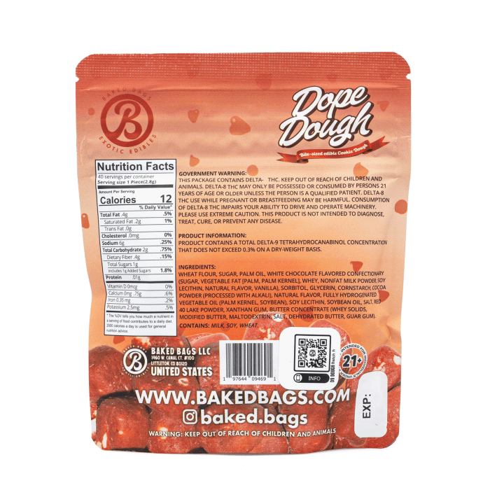 Baked Bags Delta 9 THC Dope Dough - Red Velvet (200 mg Total Delta 9 THC) - Bag Back