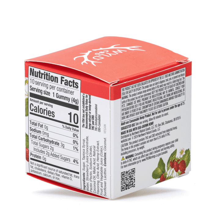 Wyld Delta 9 CBD Low Dose Calm Gummies - Strawberry - 10 Count (20 mg Delta 9 THC + 200 mg CBD Total) - Box Back