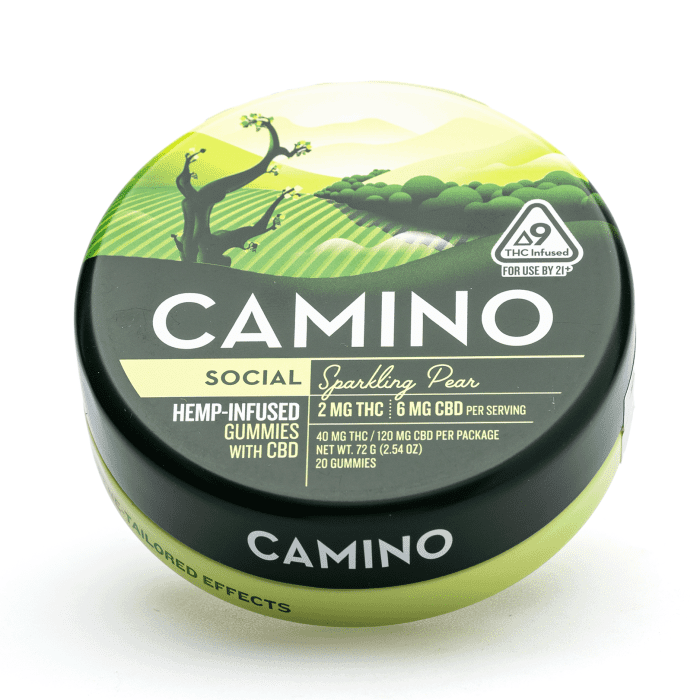 Camino Delta 9 and CBD Social Gummies - Sparkling Pear (40 mg Delta 9 THC + 120 mg CBD Total) - Tin Front
