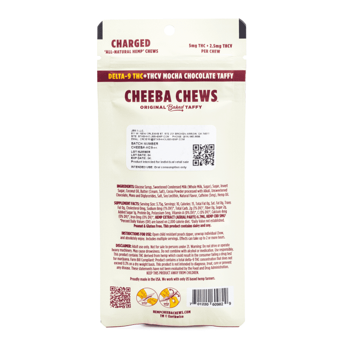 Cheeba Chews Delta 9 and THCv Mocha Chocolate Taffy - Charged (50 mg Total Cannabinoids) - Bag Back
