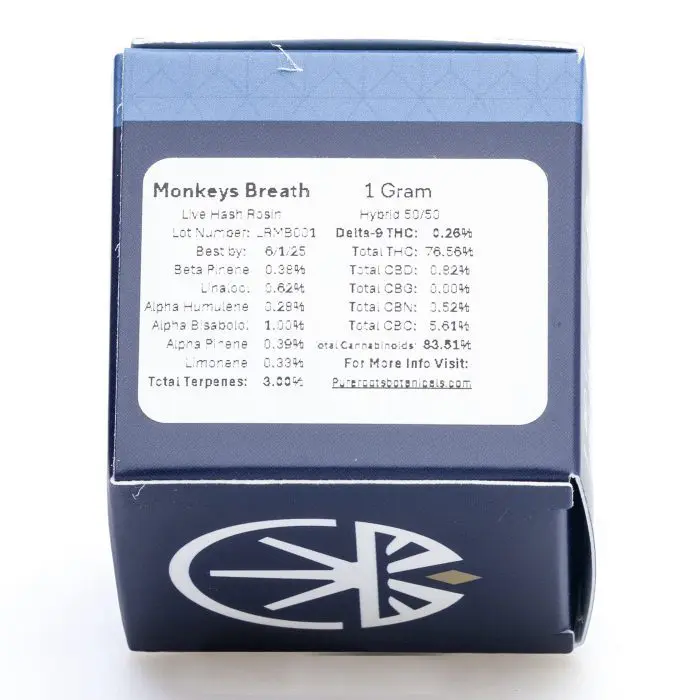 Pure Roots Botanicals THCa Live Rosin Concentrate - Monkey Breath (1 gram) - Box Back