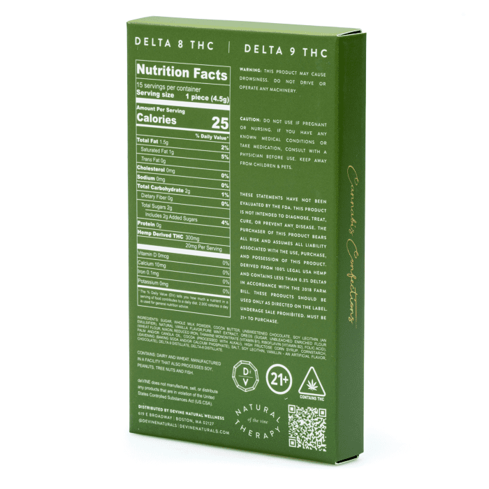 DeVINE Naturals Delta 8 and Delta 9 Cannabis Confections Chocolate Bar - Alien OG (150 mg Delta 8 THC + 150 mg Delta 9 THC Total) - box back