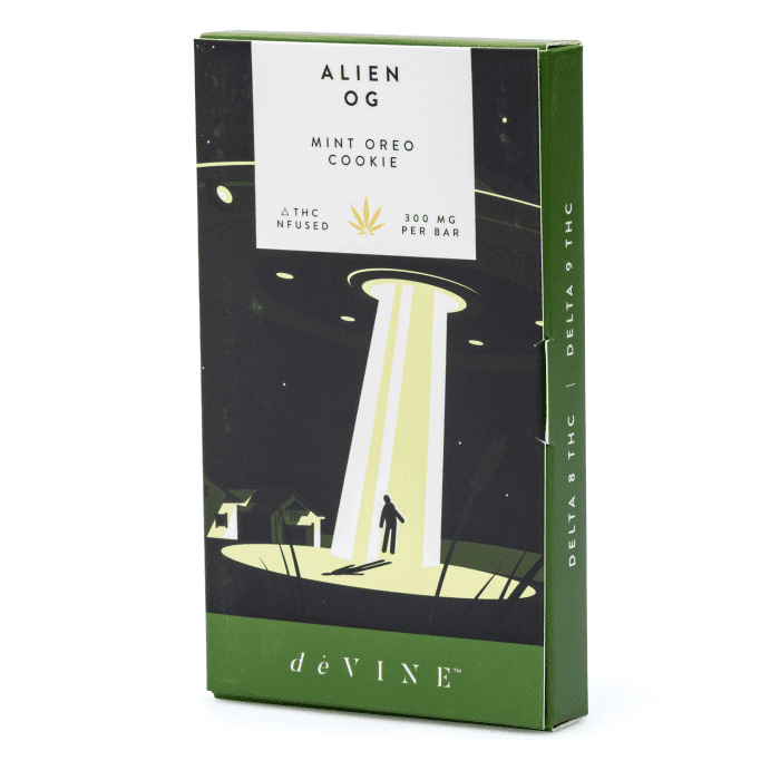 DeVINE Naturals Delta 8 and Delta 9 Cannabis Confections Chocolate Bar - Alien OG (150 mg Delta 8 THC + 150 mg Delta 9 THC Total) - box front