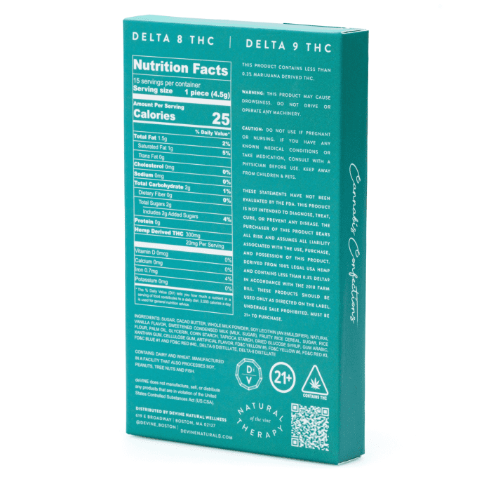 DeVINE Naturals Delta 8 and Delta 9 Cannabis Confections Chocolate Bar - Cereal Milk (150 mg Delta 8 THC + 150 mg Delta 9 THC Total) - box back