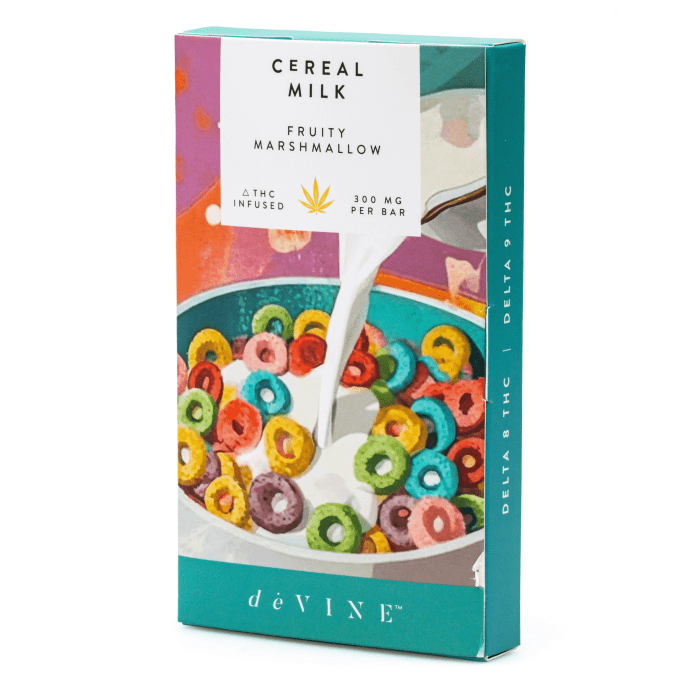 DeVINE Naturals Delta 8 and Delta 9 Cannabis Confections Chocolate Bar - Cereal Milk (150 mg Delta 8 THC + 150 mg Delta 9 THC Total) - box front