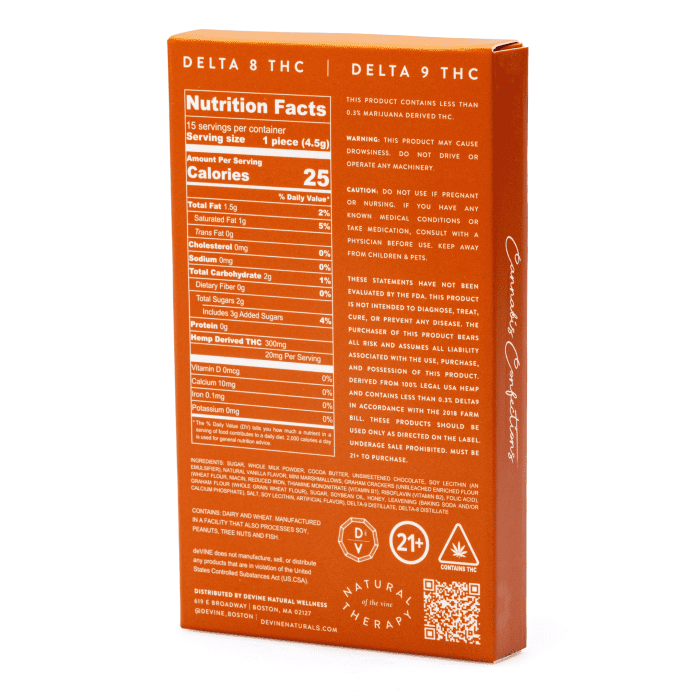 DeVINE Naturals Delta 8 and Delta 9 Cannabis Confections Chocolate Bar - Girl Scout Cookie (150 mg Delta 8 THC + 150 mg Delta 9 THC Total) - box back