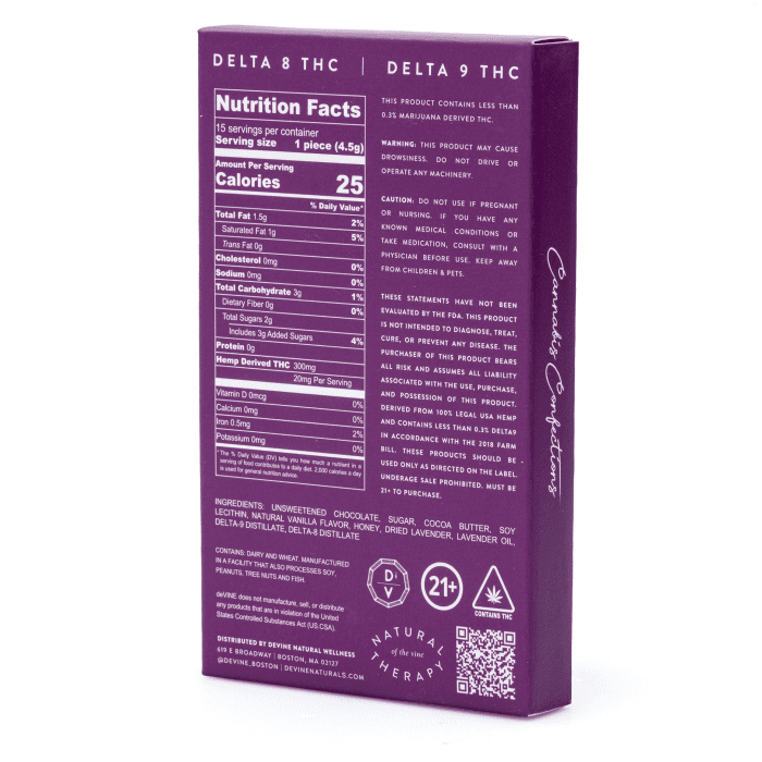 DeVINE Naturals Delta 8 and Delta 9 Cannabis Confections Chocolate Bar - Purple Haze (150 mg Delta 8 THC + 150 mg Delta 9 THC Total) - box back