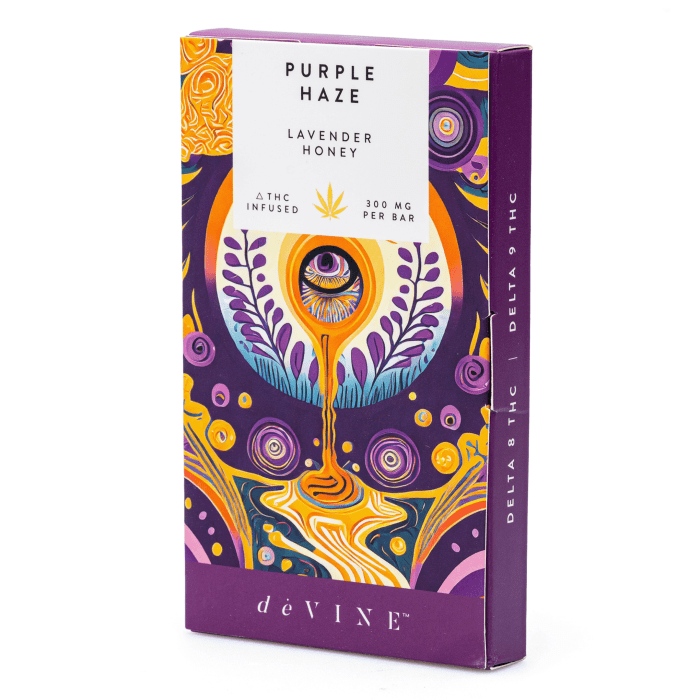 DeVINE Naturals Delta 8 and Delta 9 Cannabis Confections Chocolate Bar - Purple Haze (150 mg Delta 8 THC + 150 mg Delta 9 THC Total) - box front