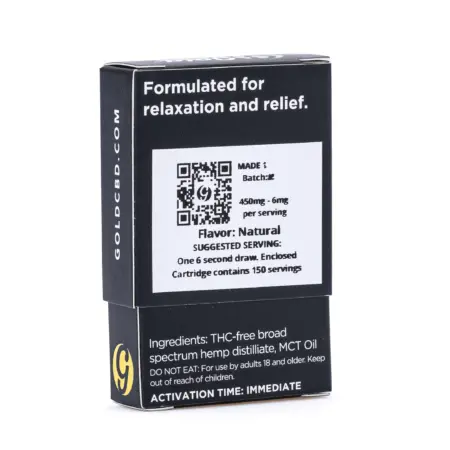 Gold Standard CBD 450 mg Natural Vape Cartridge - Box Back