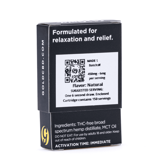 Gold Standard CBD 450 mg Natural Vape Cartridge - Box Back