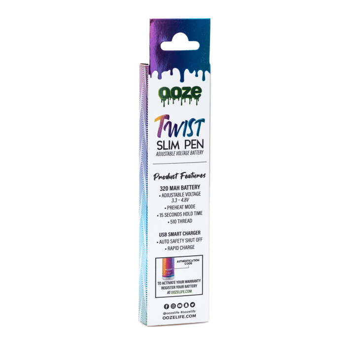 Ooze Slim Twist Pen Vape Battery – Rainbow - Box Back