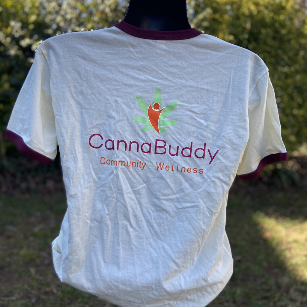 cannabdy branded shirt tan and maroon back