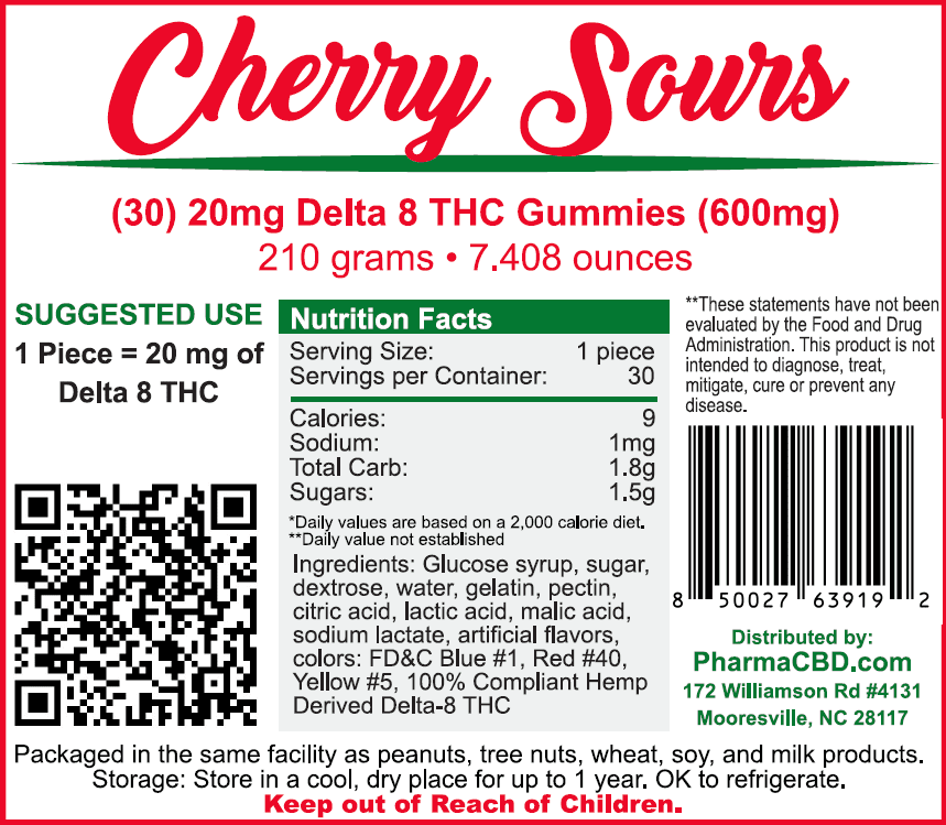 PharmaCBD Delta-8-THC Cherry Sours Label - 30 Count