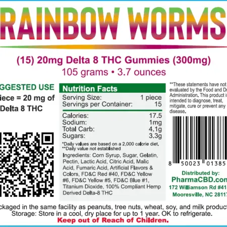 PharmaCBD Delta-8-THC Rainbow Worms Label - 15 Count