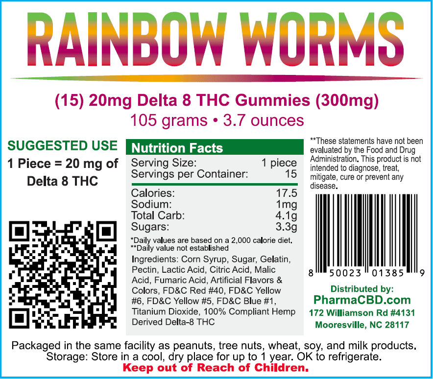 PharmaCBD Delta-8-THC Rainbow Worms Label - 15 Count