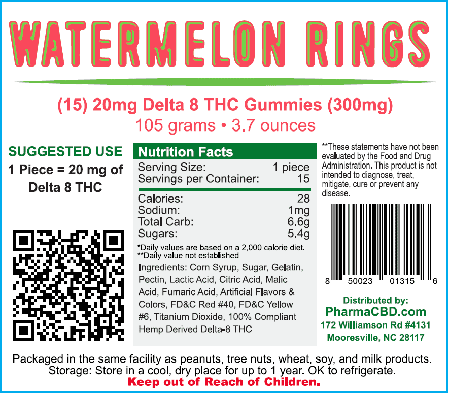 PharmaCBD Delta-8-THC Watermelon Rings Label - 15 Count