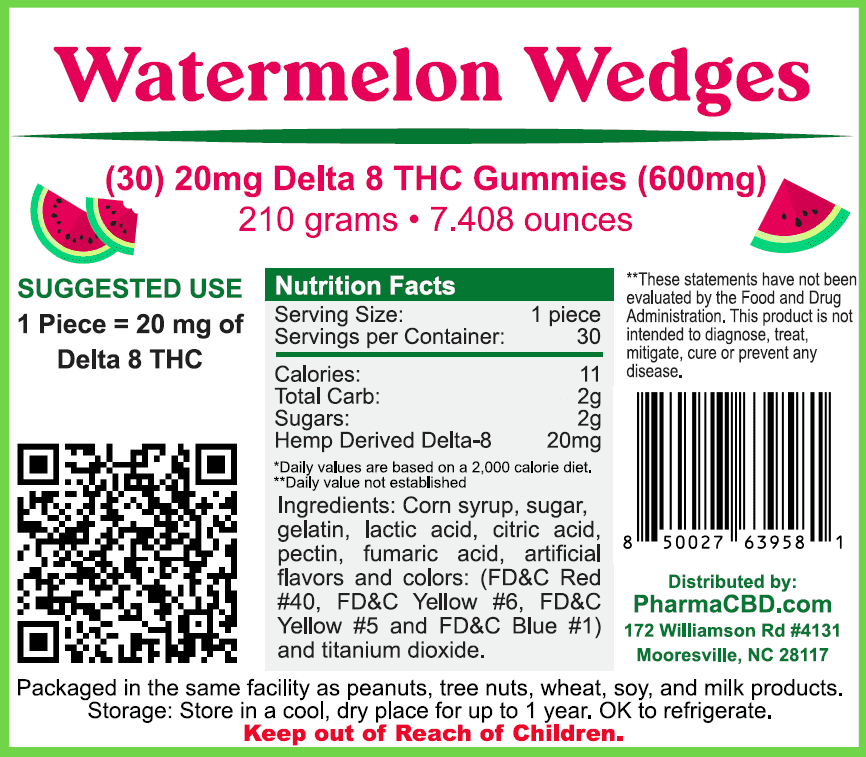 PharmaCBD Delta-8-THC Watermelon Wedges Label - 30 Count