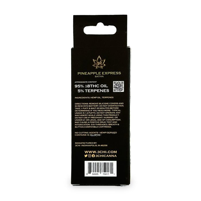 3Chi Pineapple Express Delta-8-THC Vape Cartridge with Botanical Derived Terpenes Back of Box
