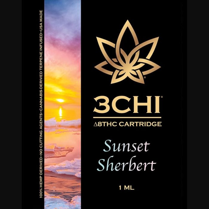 3Chi Sunset Sherbert Delta-8-THC Vape Cartridge with Cannabis Derived Terpenes