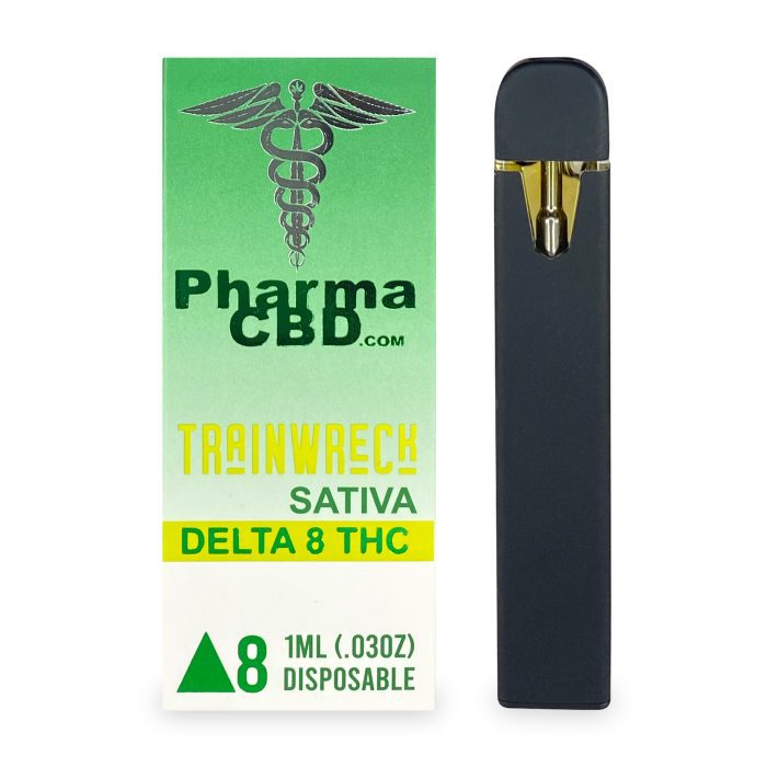PharmaCBD Trainwreck Delta-8-THC Disposable Vape Pen Box and Pen
