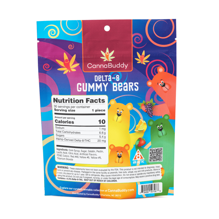CannaBuddy Delta-8 Gummy Bears (600 mg Total Delta-8-THC) - Bag Back