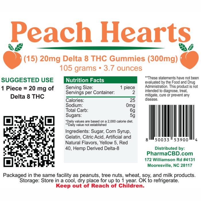PharmaCBD Delta-8-THC Peach Hearts Label - 15 Count