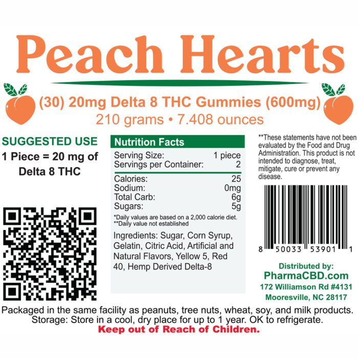 PharmaCBD Delta-8-THC Peach Hearts Label - 30 Count