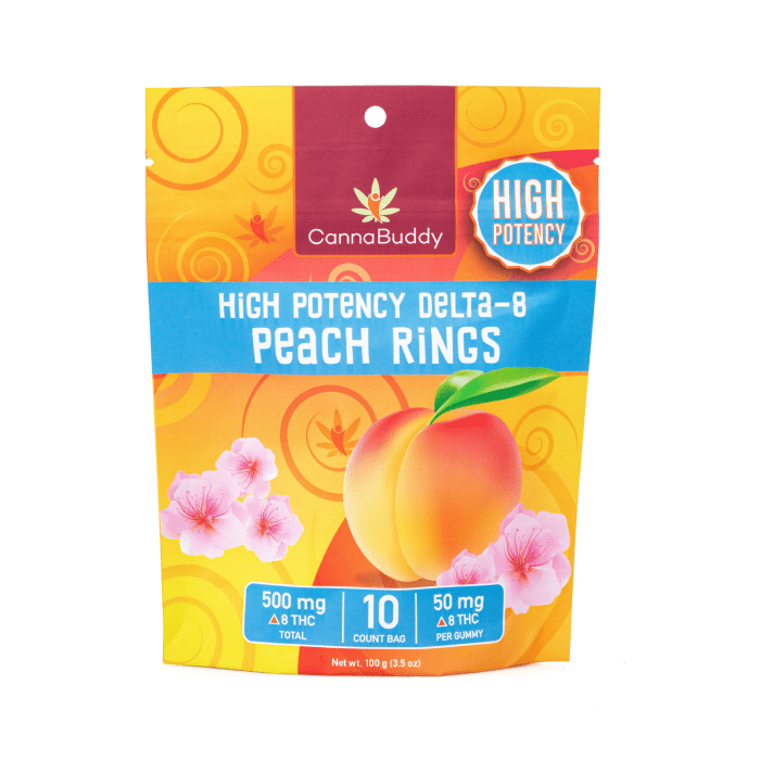 CannaBuddy High Potency Delta-8 Peach Rings (500 mg Total Delta-8-THC) - Bag Front
