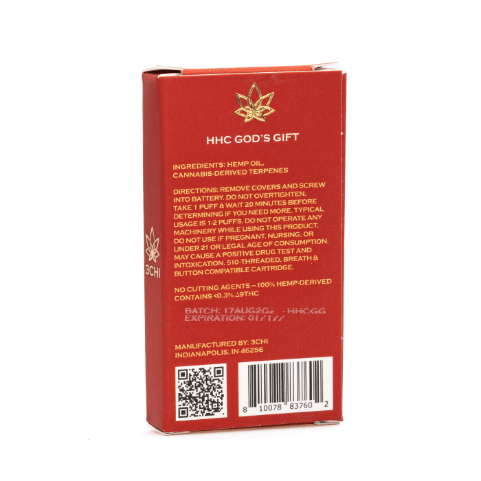 3Chi HHC Vape Cartridge - God's Gift - Box Back