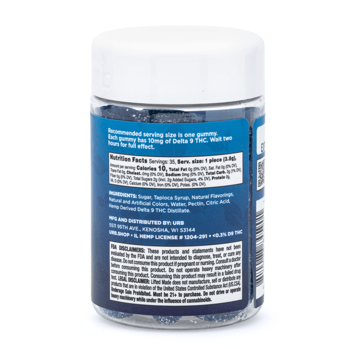 Urb Delta 9 THC Gummies - Sour Blueberry (350 mg Total Delta 9 THC) - Jar Back