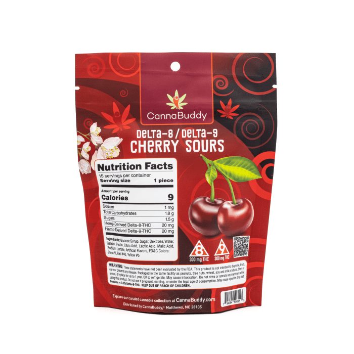 CannaBuddy Delta-8 Delta-9 Cherry Sours (300 mg Total Delta-8-THC + 300 mg Total Delta-9-THC) - Bag Back