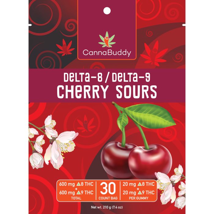 CannaBuddy Delta-8 Delta-9 Cherry Sours (600 mg Total Delta-8-THC + 600 mg Total Delta-9-THC) Front of Pouch